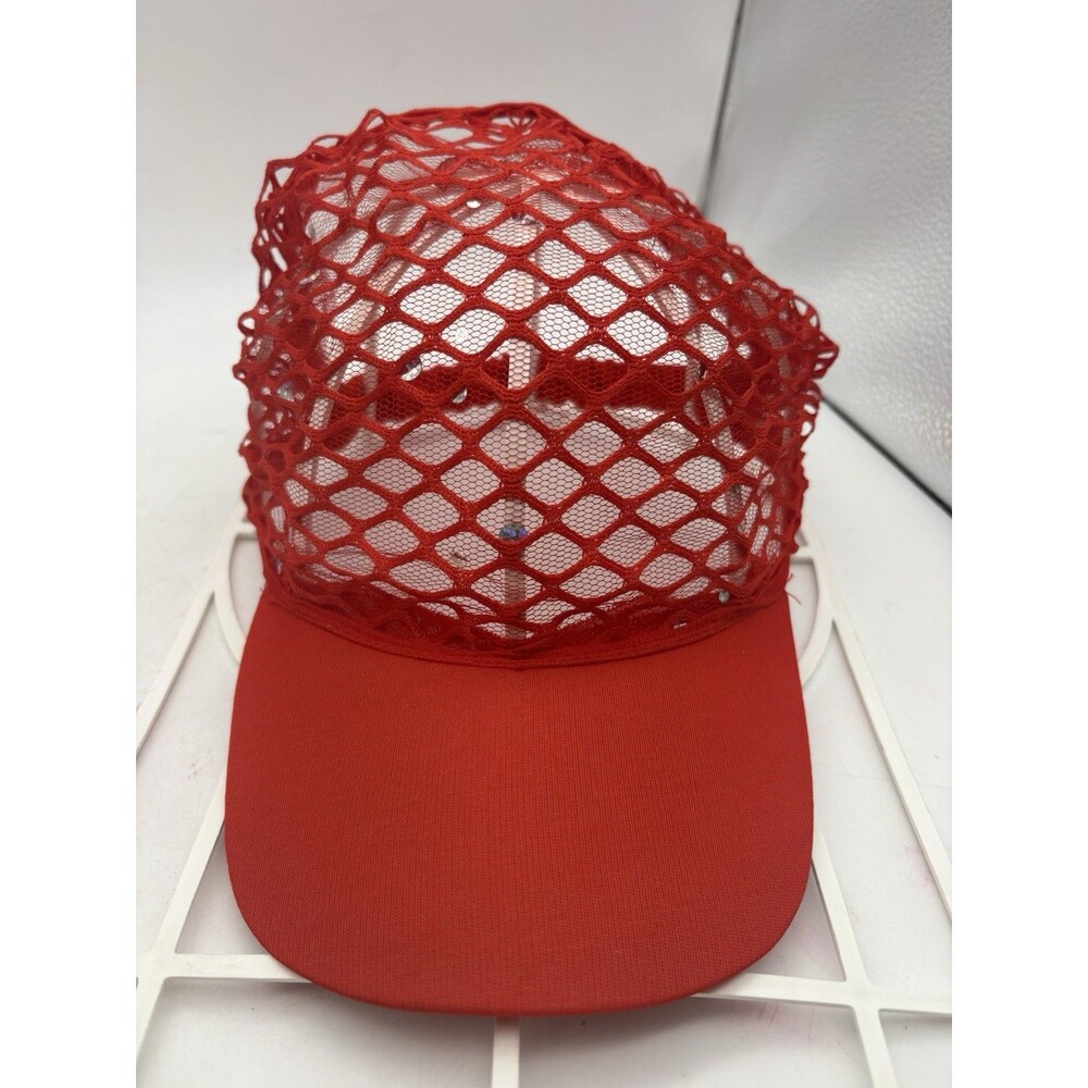 Womens Red Open Weave Mesh Baseball Cap Sparkly Accents Elastic Back Hat